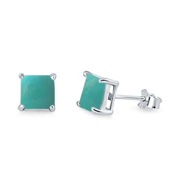 Halo Stud Earrings Princess Cut Simulated Turquoise CZ 925 Sterling Silver 7mm